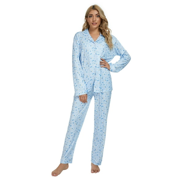 MintLimit Pyjama pour Femmes Définit Doux Dames Pjs Floral à Manches Longues Bouton vers le Bas Vêtements de Nuit pour Femmes Loungewear Bleu XXL