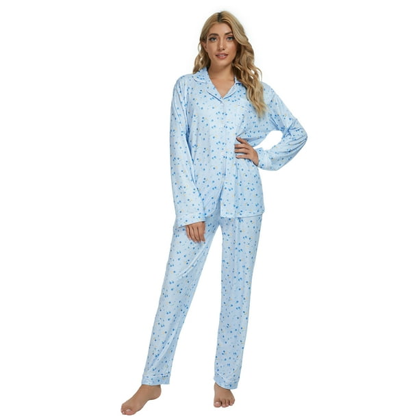 MintLimit Women's Pyjama Sets Soft Ladies Pjs Floral Long Sleeve Button  Down Sleepwear for Women Loungewear Nightwear Blue XXL 