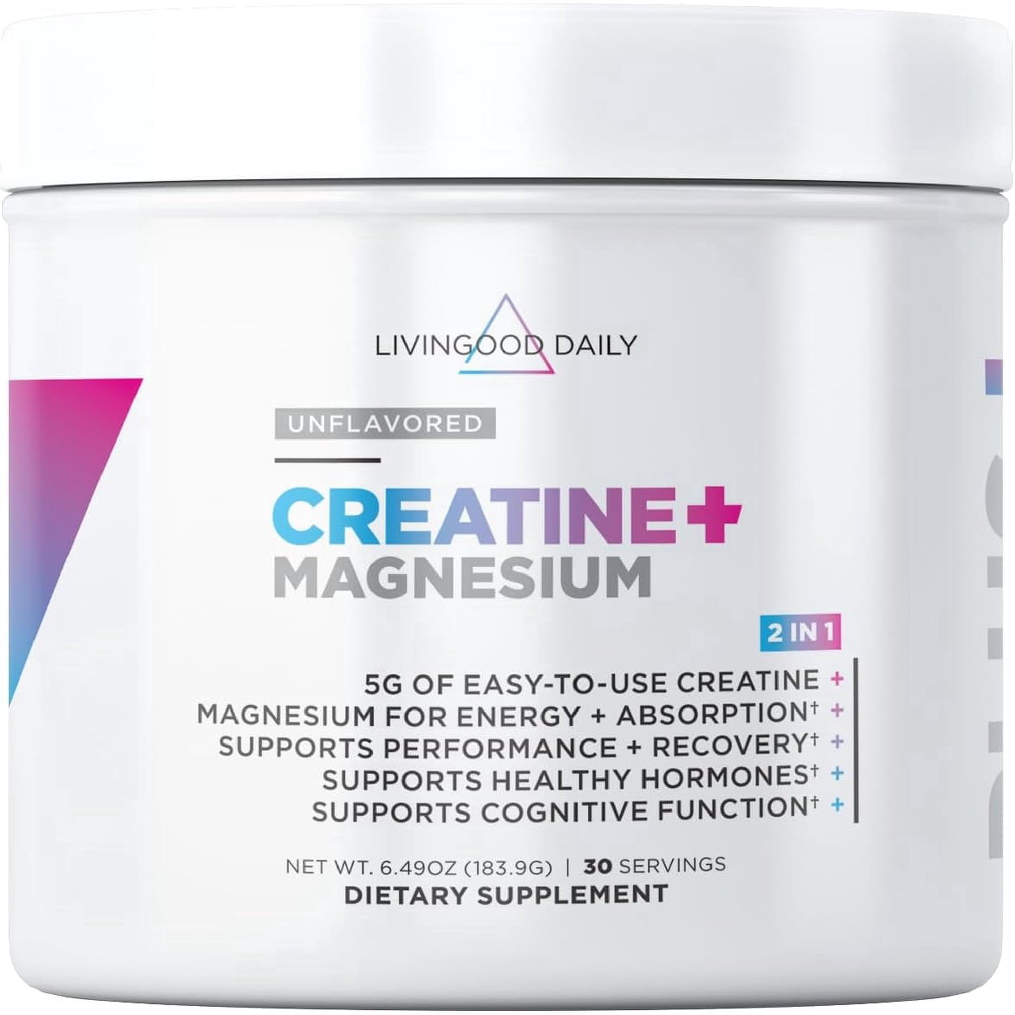 Livingood Daily Creatine Monohydrate Powder + Magnesium Citrate for Energy & Muscle Recovery - Unflavored, 30 Servings