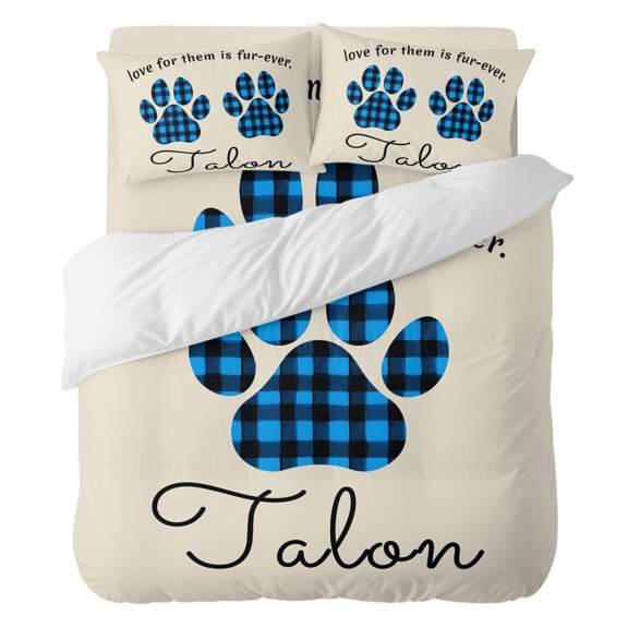 Duvet Cover Set California king Size 4 Pieces, Black and Blue Checkered Plaid Cat Paw Comforter Cover Soft Bedding Sets, Prints on Linen Bed Set Include 1 Duvet Cover, 2 Pillow Shams, 1 Bed Sheet