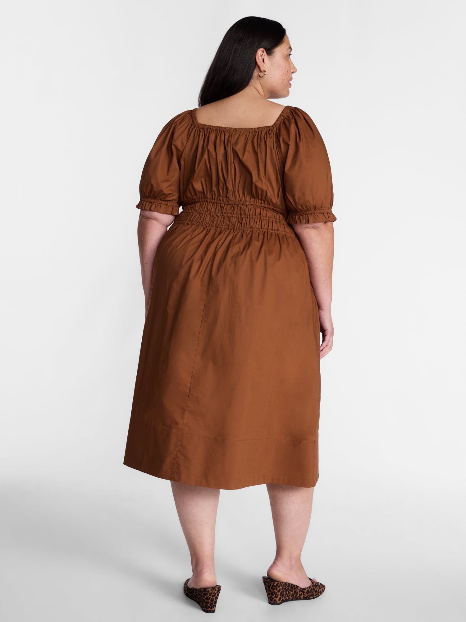 Terra & Sky Women's Plus Smocked Cotton Midi Dress with Short Puff Sleeves, Sizes- 0X-5X