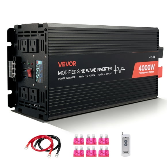 VEVOR 4000W Power Inverter, 12V DC to 120V AC Modified Sine Wave Inverter, Solar Car Charger Converter with LCD Display, Remote Control, 2 USB Ports, 4 AC Outlets, Type-C Port
