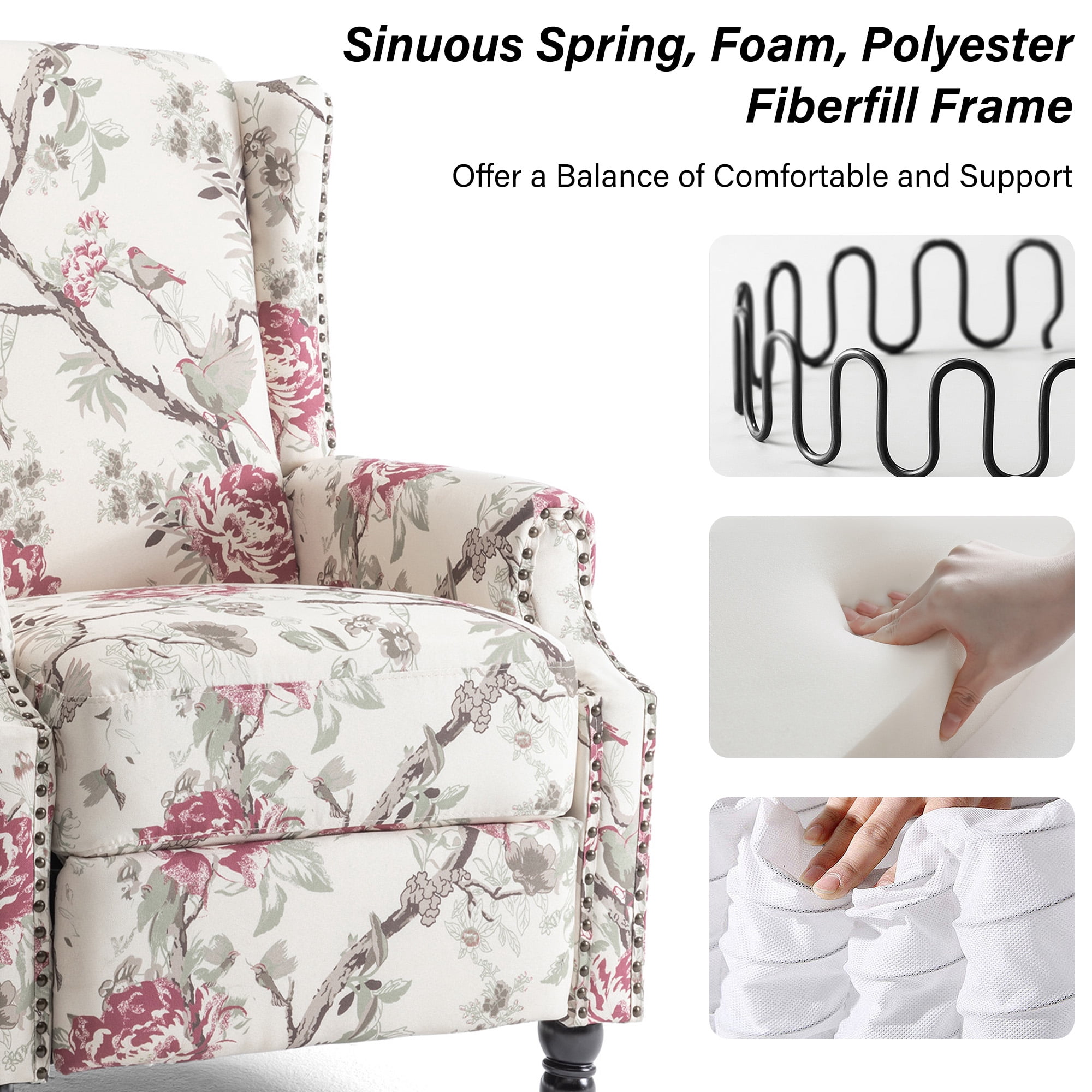 DREAMSIDEA Push Back Recliner Chair Set of 2 Living Room, Wingback Reclining Sofa Chair, Fabric Floral Recliner Reading Chair with Footrest for Living Room/Office/Apartment, Floral