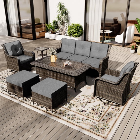 Gotland 7-Piece Patio Furniture Set, Outdoor Thick Wicker Sectional Sofas with 2 Swivel Chairs, High Back Sectional Sofa Couch, Outdoor Conversation Set for Backyard, Porch, Deck, Gray