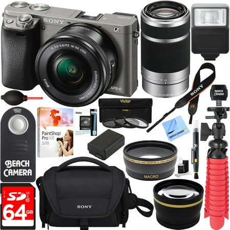 Sony Alpha a6000 24.3MP Interchangeable Camera 16-50mm & 55-210mm Zoom Lens (Grey)+ 64GB Accessory Bundle + DSLR Photo Bag + Extra Battery+Wide Angle Lens+2x Telephoto Lens +Flash +Remote