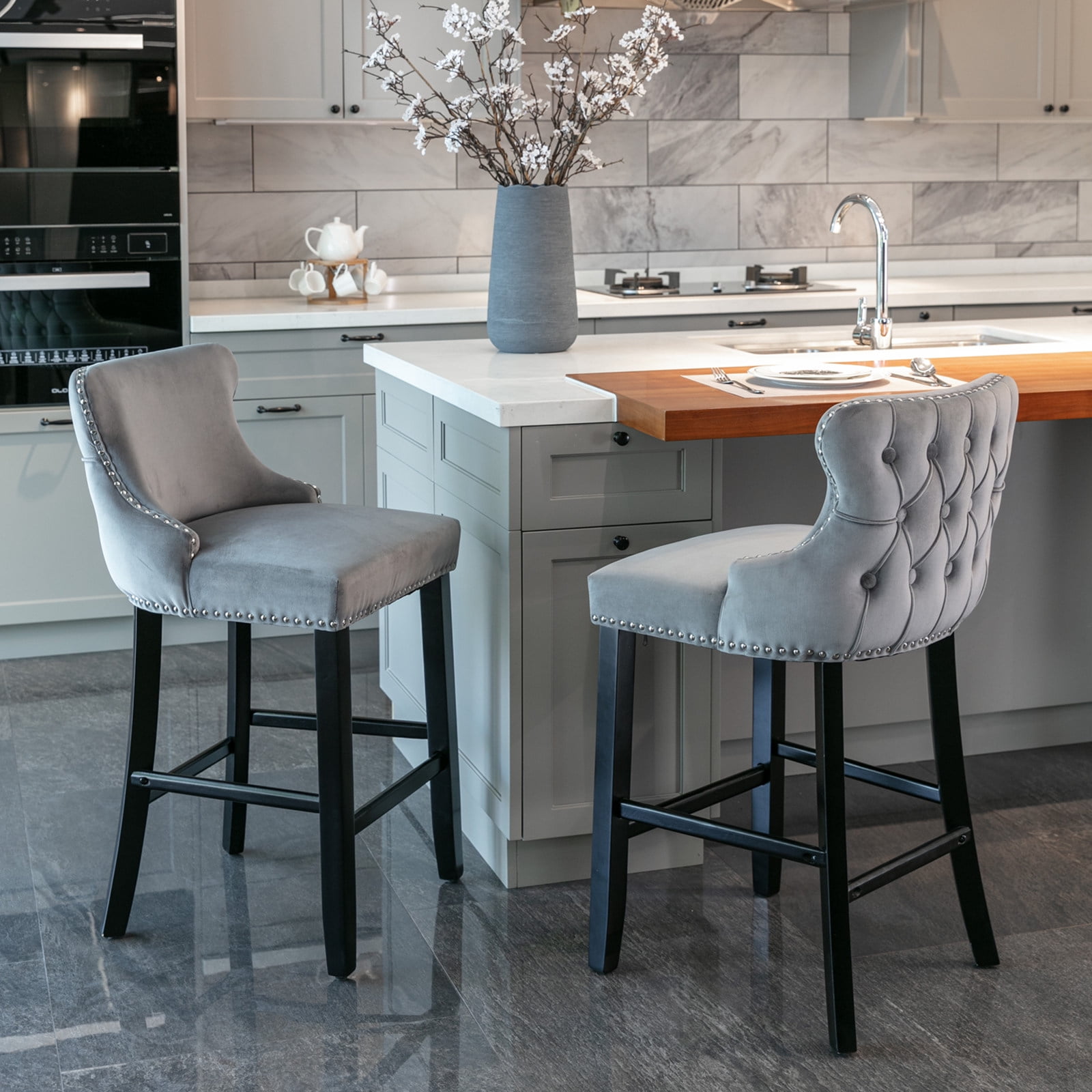 2 Piece Button Tufted Counter Height Dining Chairs, Velvet Bar Stools with Armrests & Footrests, Upholstered Pub Chair with Solid Wood Legs for Kitchen Home Bar, 22''L x 19''W x 37''H, Gray