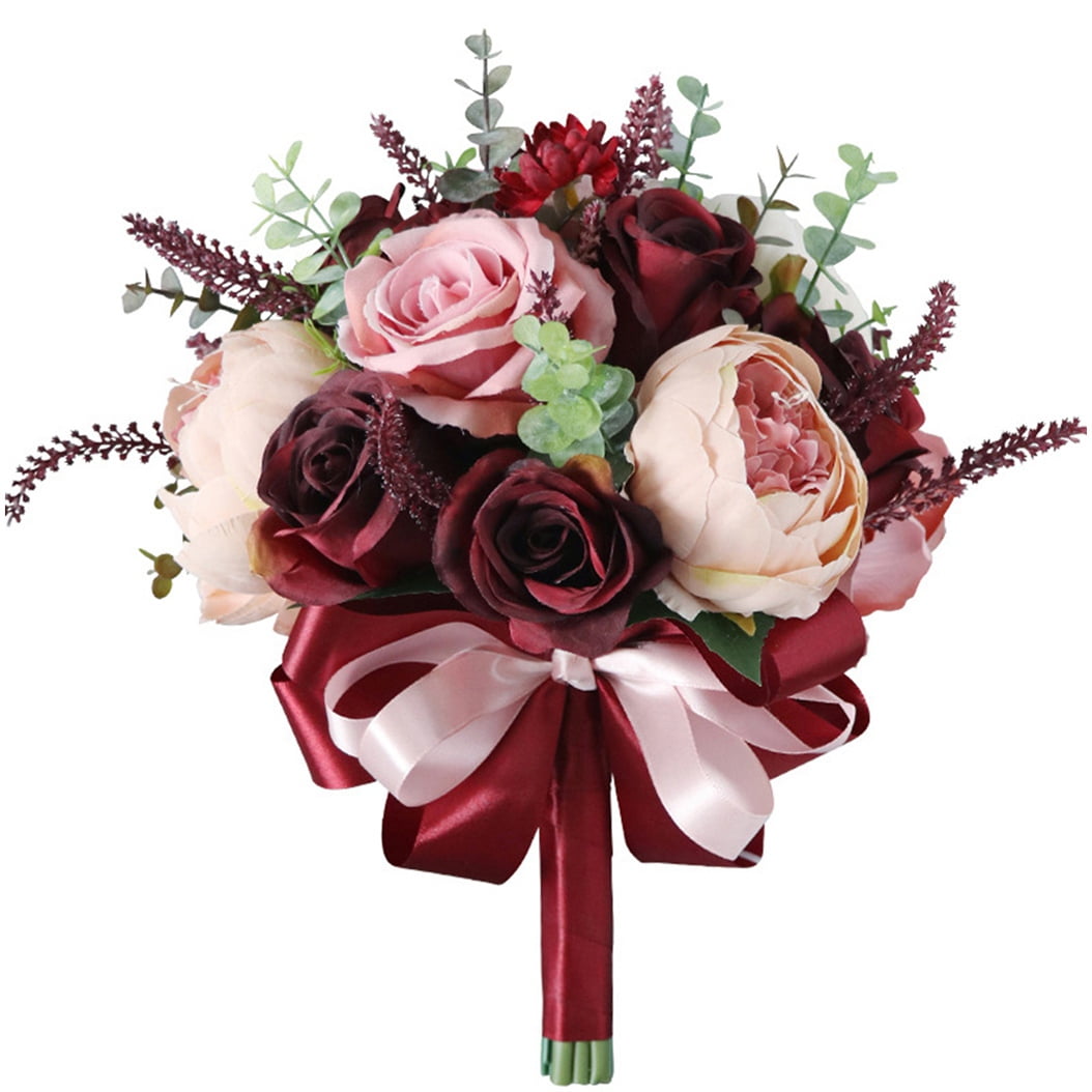 Burgundy Mixed Roses Artificial Satin Wedding Bridal Bouquet Bride Hand Flower 