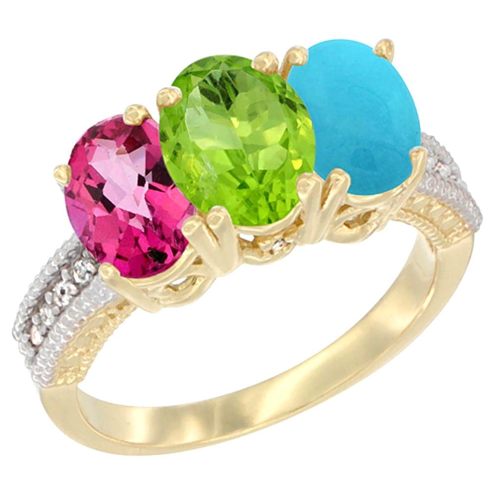 14K Yellow Gold Natural Pink Topaz, Peridot & Turquoise Ring 3-Stone 7x5 mm Oval Diamond Accent, sizes 5 10 by WorldJewels