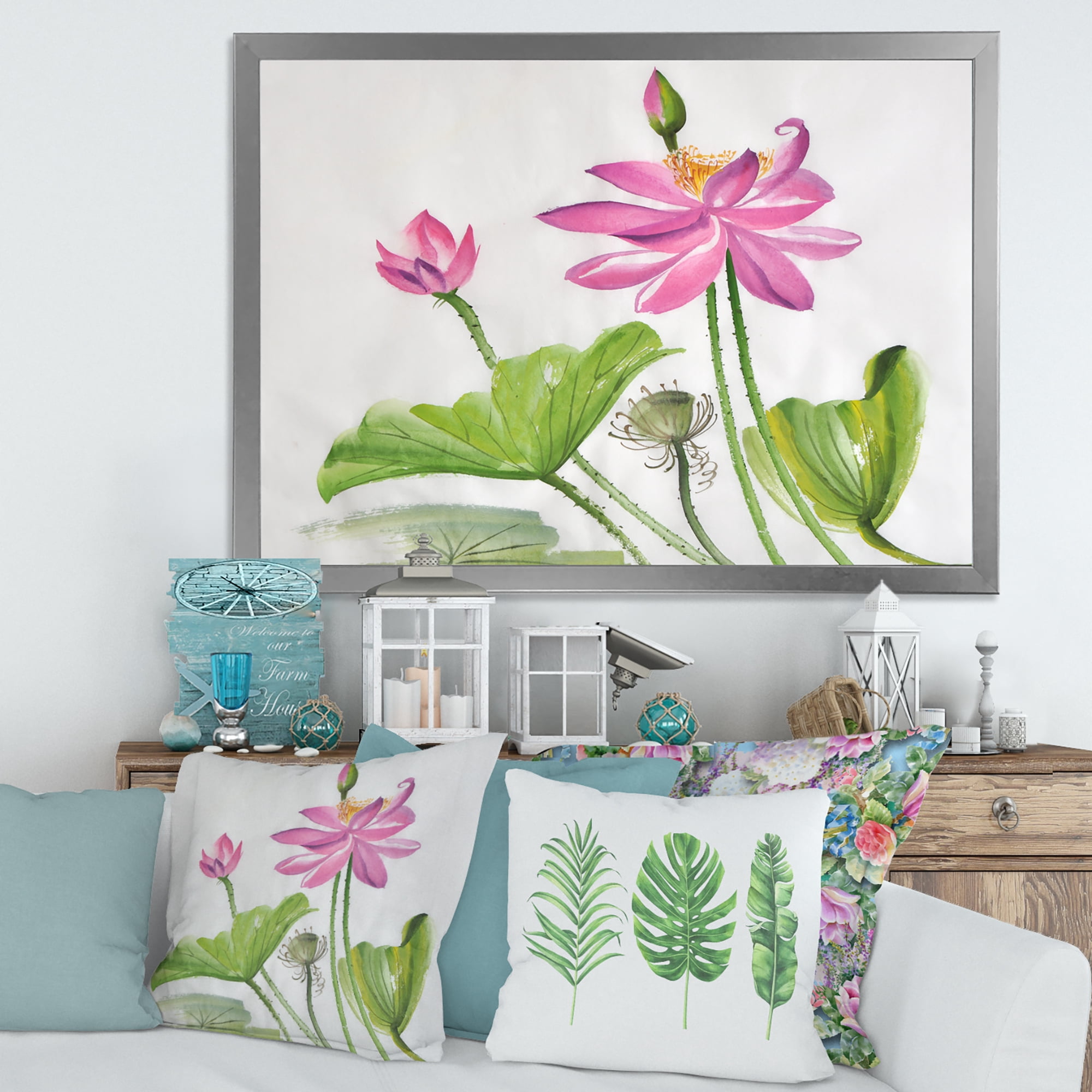 Designart 'Two Pink Lotus Flowers With Green Leaves' Traditional Framed Art Print