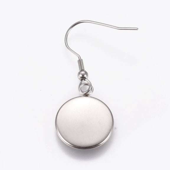 20 pc Stainless Steel Dangle Earrings Cabochon Settings Flat Round Stainless Steel color Tray: 14mm Pendant: 18x15.5x2mm 38mm 21 Gauge Pin: 0.7mm