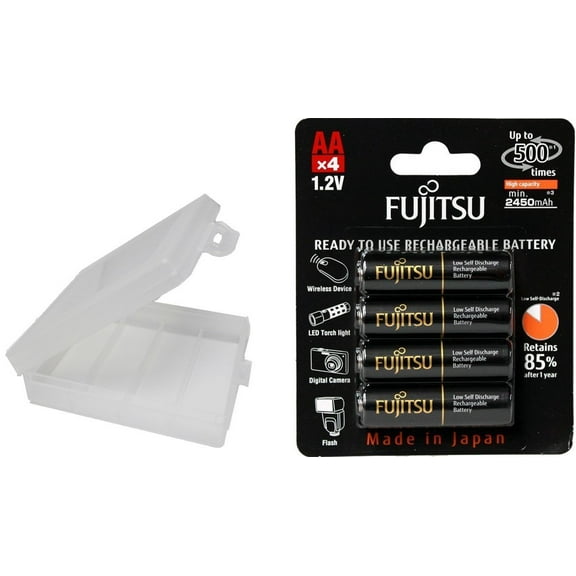 4 Fujitsu Ready-to-use AA Min. 2450mAh NiMH 1.2V Rechargeable Batteries with Battery Holder