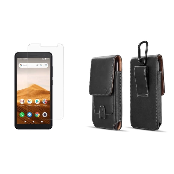 Bemz Pouch Bundle for Alcatel Apprise (Cricket Wireless): Vertical PU Leather Belt Holster Phone Carrying Case Holder with Inner Card Slots with Tempered Glass Screen Protector - Black