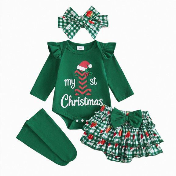 Enyan My First Christmas Baby Girl Outfit Newborn Infant Girl Long Sleeve Top Tutu Dress Headband and Socks 4PCS Clothes Set