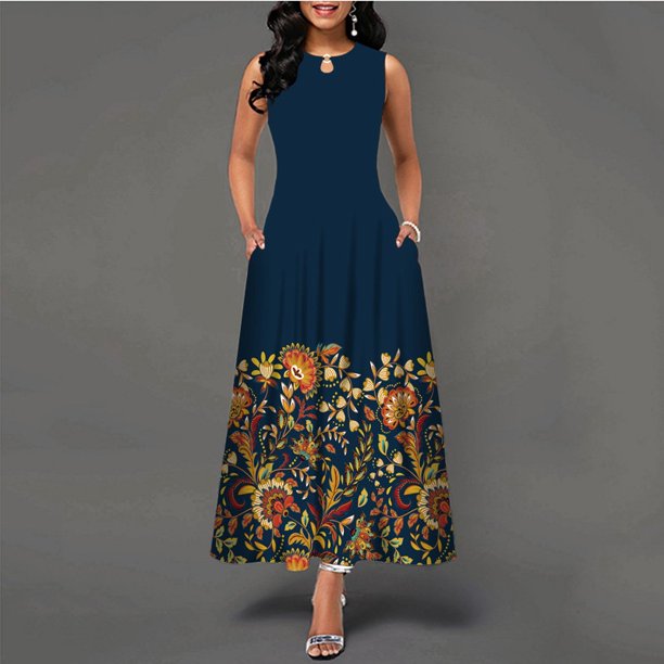 Vestido Largo Sin Mangas Mujer Impreso Dobladillo Grande Bohemio Retro Cómodopangjing