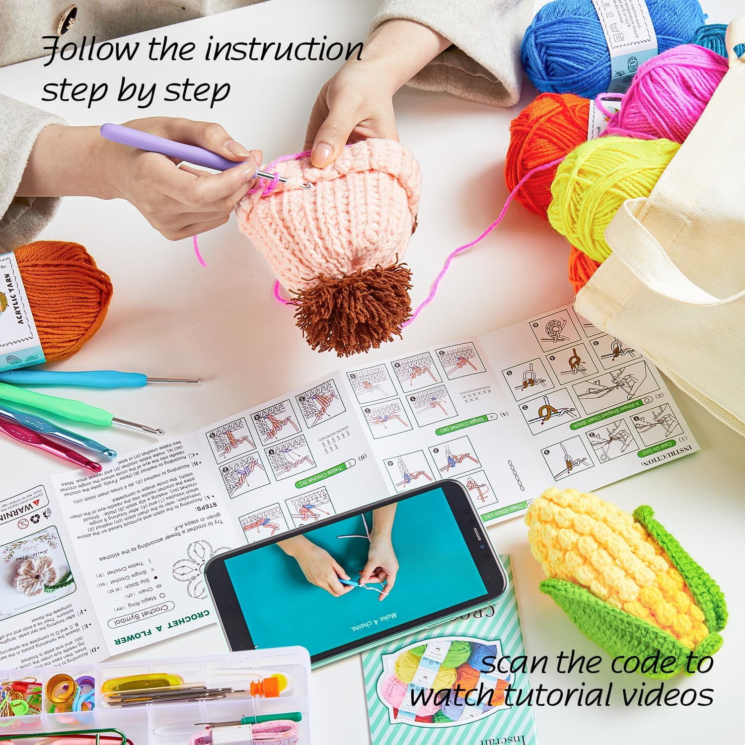 INSCRAFT Crochet Kit for Beginners Adults, 18 Large Acrylic Yarn Skeins 1800 Yards Yarn, 105 PCS Crochet Kit with Hooks Yarn Set,Includes Canvas Tote Bag, Ideal Starter Pack for Kids Professionals
