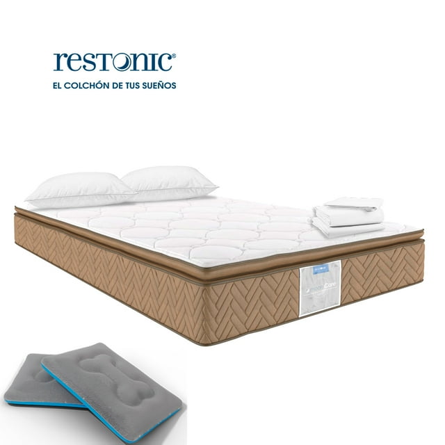 Colchón Matrimonial Moon + 2 Almohadas Standar + Cama para mascota + Complemento. Restonic Anti Acaros MoonCare