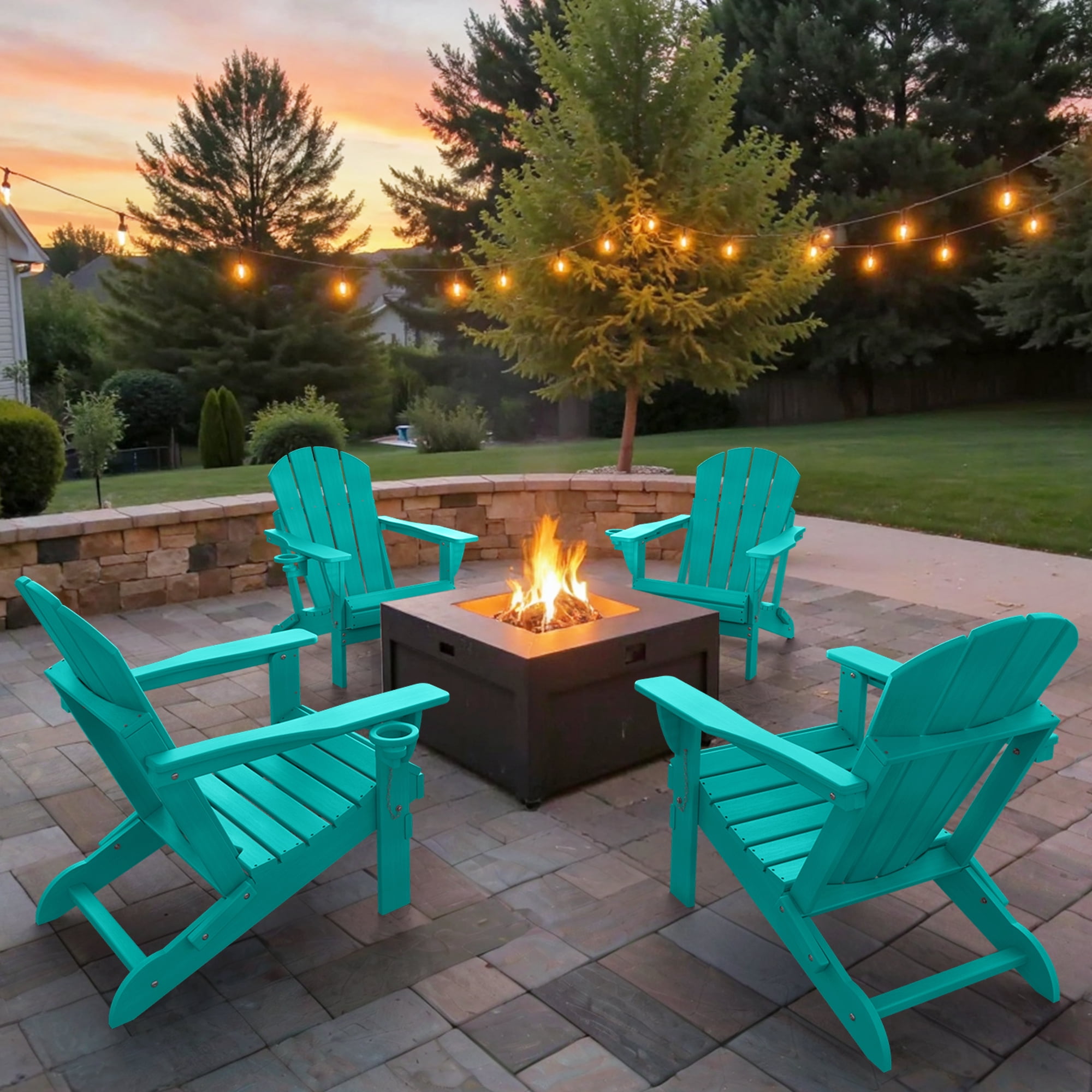 Folding Adirondack Chairs Set of 2 Outdoor Patio Fire Pit Chairs with Cup Holder Porch Garden Blue