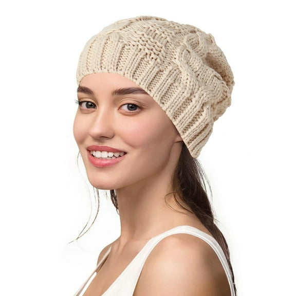 Women's Knit Beanie with Cable Pattern, Retro Style Stretchable Wool Blend Winter Hat, Warm Slouchy Crochet Cap for Cold Weather, Cozy Baggy Beanie for Skiing and Daily Winter Wear Beige