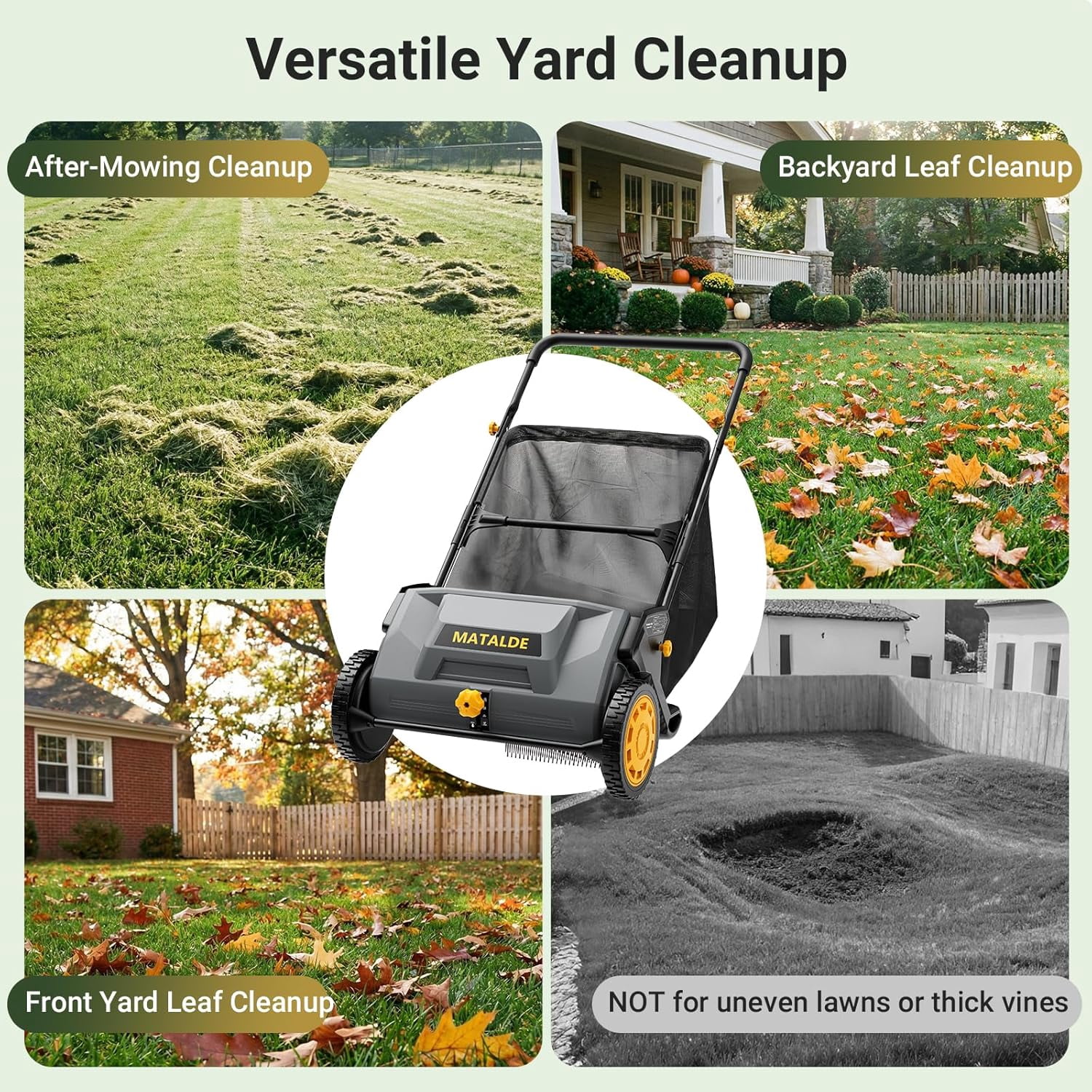 21" Push Lawn Sweeper with 103L Mesh Collection Hopper Bag, 200L Leaf Bag, Leaf and Grass Collector with 4 Adjustable Heights, Steel Frame & Rubber Wheels