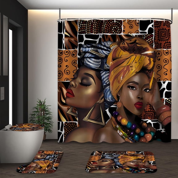 LVRLVR 1/4 Pcs African Black Girl Fabric Shower Curtain Rug Set - Women Bath Mat Bathroom Decoration,Brown, 70.8" × 70.8"