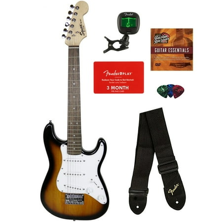 Squier by Fender Mini Strat Electric Guitar - Brown Sunburst Bundle with Tuner, Strap, Picks, Fender Play Online Lessons, Austin Bazaar Instructional DVD, and Polishing (Best Fender Strat Copy)