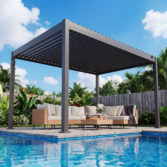 LAUSAINT HOME 10'x12' Outdoor Louvered Pergola, Heavy Duty Metal Pergola with Adjustable Roof & Integrated Drainage System for Patio Backyard Garden Poolside