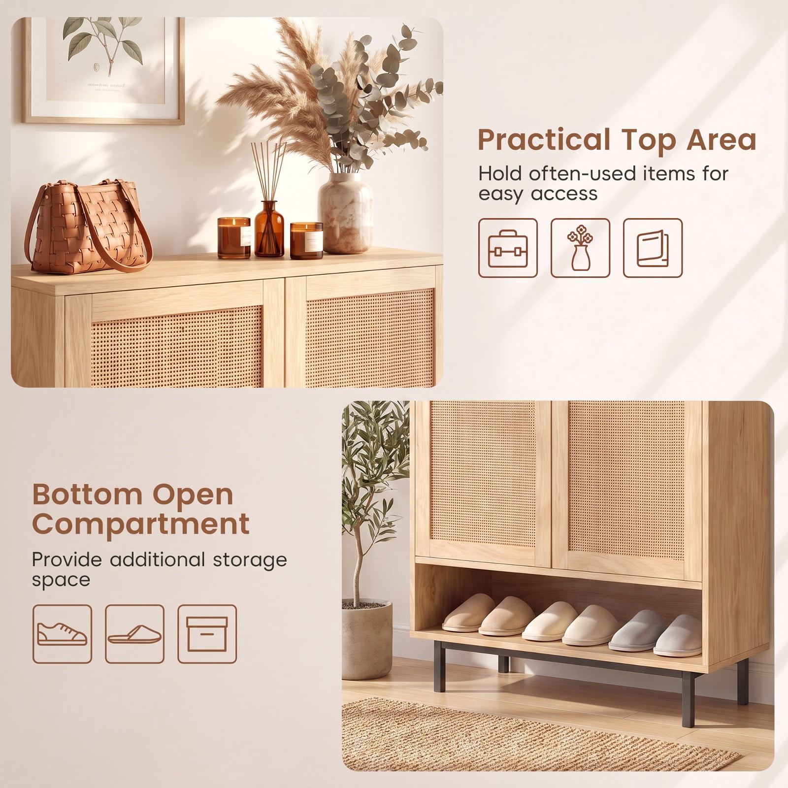 Furnibear 43 Inch Tall 6 Tier Shoe Cabinet with Double Doors and Adjustable Shelves for Entryway Living Room and Closet, Natural