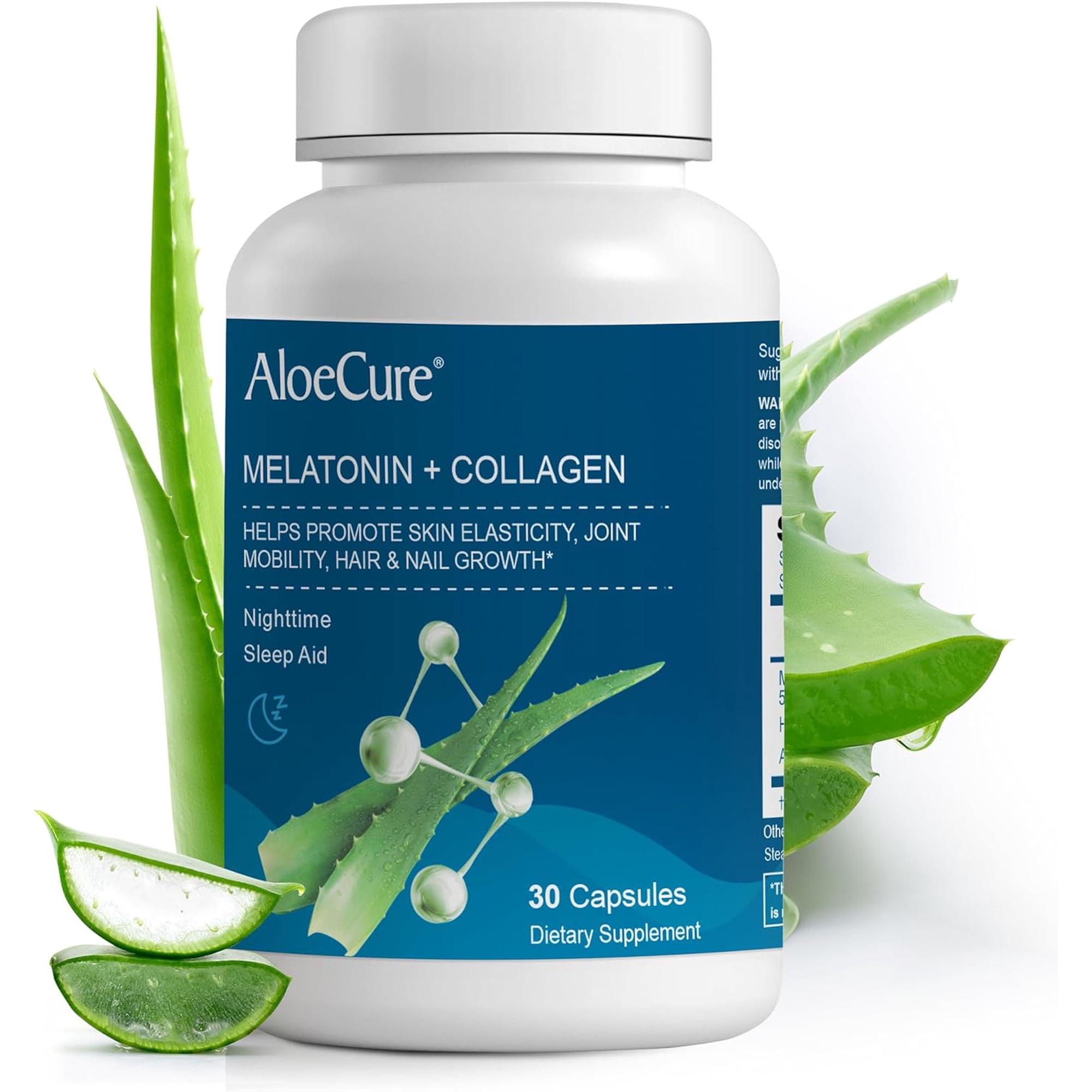 AloeCure Natural Melatonin + Collagen with Organic Aloe Vera - Natural Sleep Aid Supplement for Restful Nights - Collagen Complex for Joint Strength, Skin Elasticity, Hair & Nail Growth, 30 Capsules