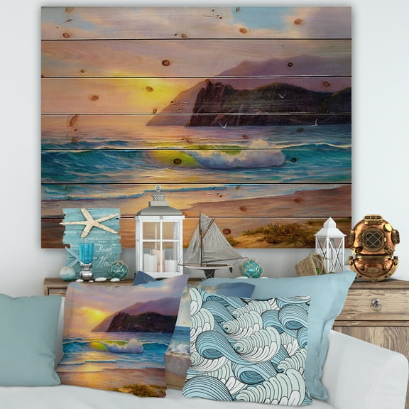 Designart 'Sunrise Glow On The Sea Waves V' Nautical & Coastal Print on Natural Pine Wood