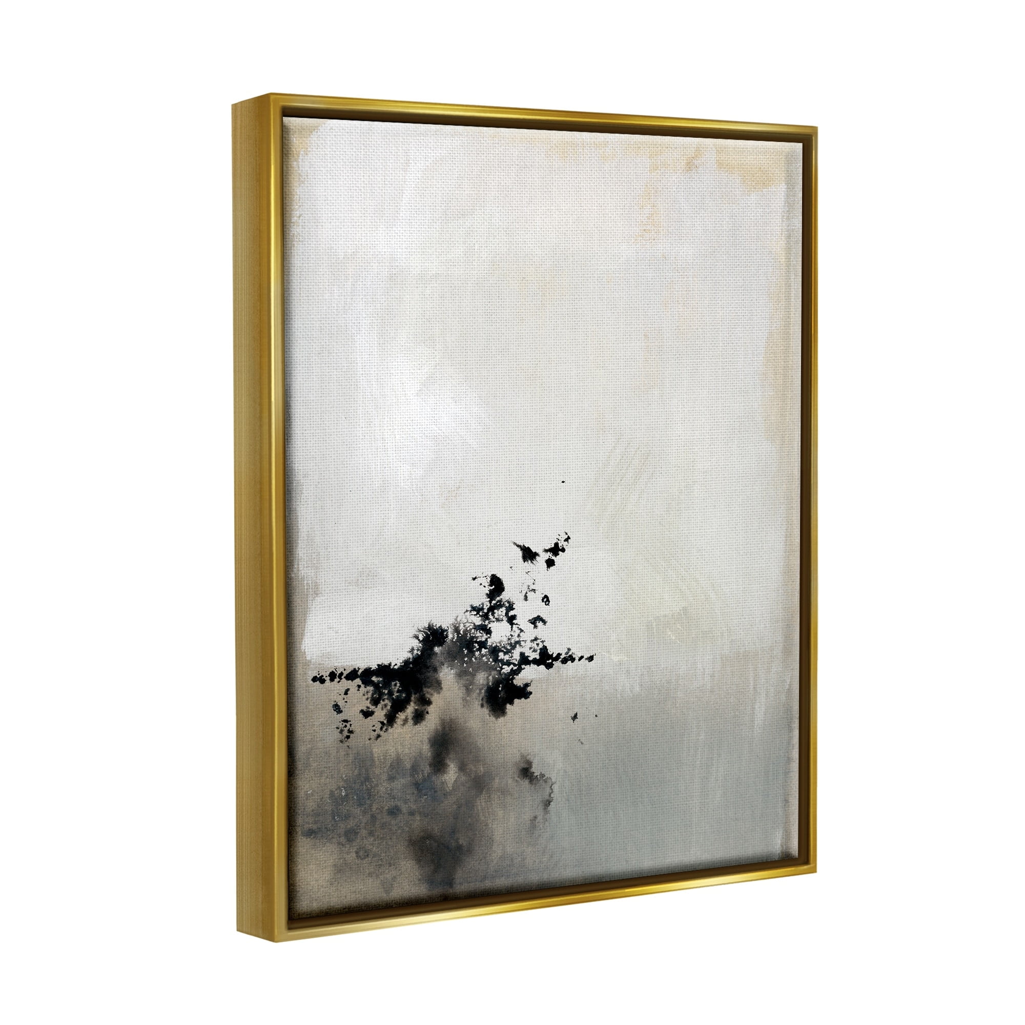 Stupell Industries Minimal Neutral Abstract Painting Black Splatter Metallic Gold Framed Floating Canvas Wall Art, 16x20, by Victoria Barnes
