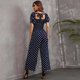 thumbnail image 5 of Love Welove Moda Mujer Floral Manga corta Cintura alta Pantalones de pierna ancha Casual Suelto Reunido Mono Azul marino Lunares Medio, 5 of 5