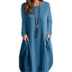 thumbnail image 1 of Vestido de manga larga con bolsillo, color puro, cuello redondo, cómodo vestido casual para mujer, 1 of 6
