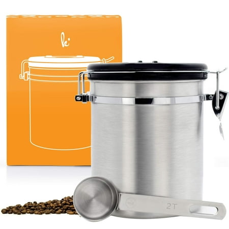 Coffee Storage Container with Scoop - Airfresh Valve Stainless Steel Metal Canister for Fresher Coffee Ground or Beans (Vienna Silver) Vienna