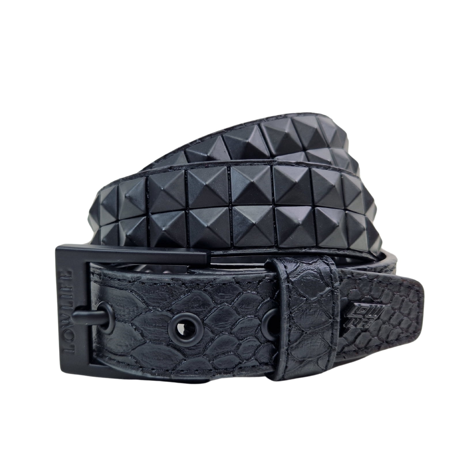 Double Stud Studded Leather Belt Black Snakeskin - Lowlife in size