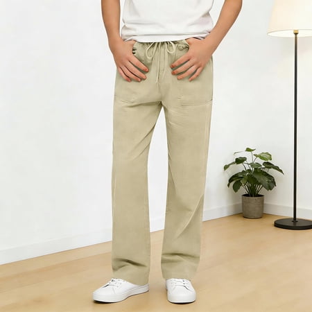 Khaki Boys Pants Cotton Elastic Waist Straight Leg Casual Trousers for Kids Boys Ages 6-16 120-170cm Size 14-15T