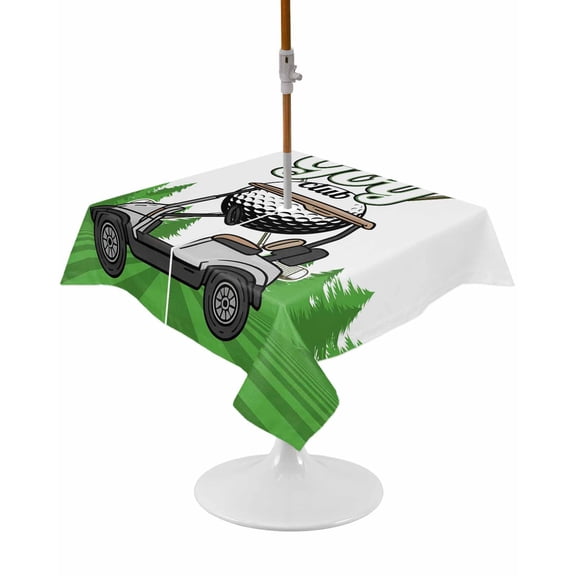 Golf Square Outdoor Tablecloth, Waterproof Table Cloth Cover with Umbrella Hole and Zipper, Green Forest Tree Balls Clubs Sports Cartoon Table Protector for Patio Party Picnic 54"x54"