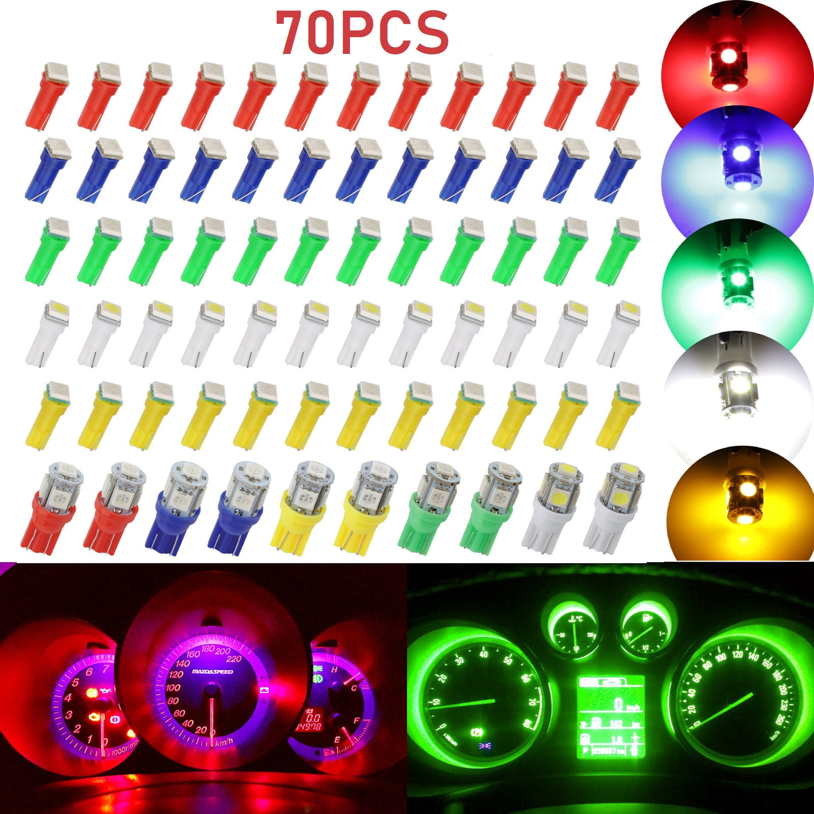 TSV 70pcs T5 LED Instrument Light Bulbs, T10 LED Dashboard Lights, T10 LED Instrument Cluster Panel Gauge Dash LED Bulb Light Fits for Corner Parking Side Marker Tail License Lights,
