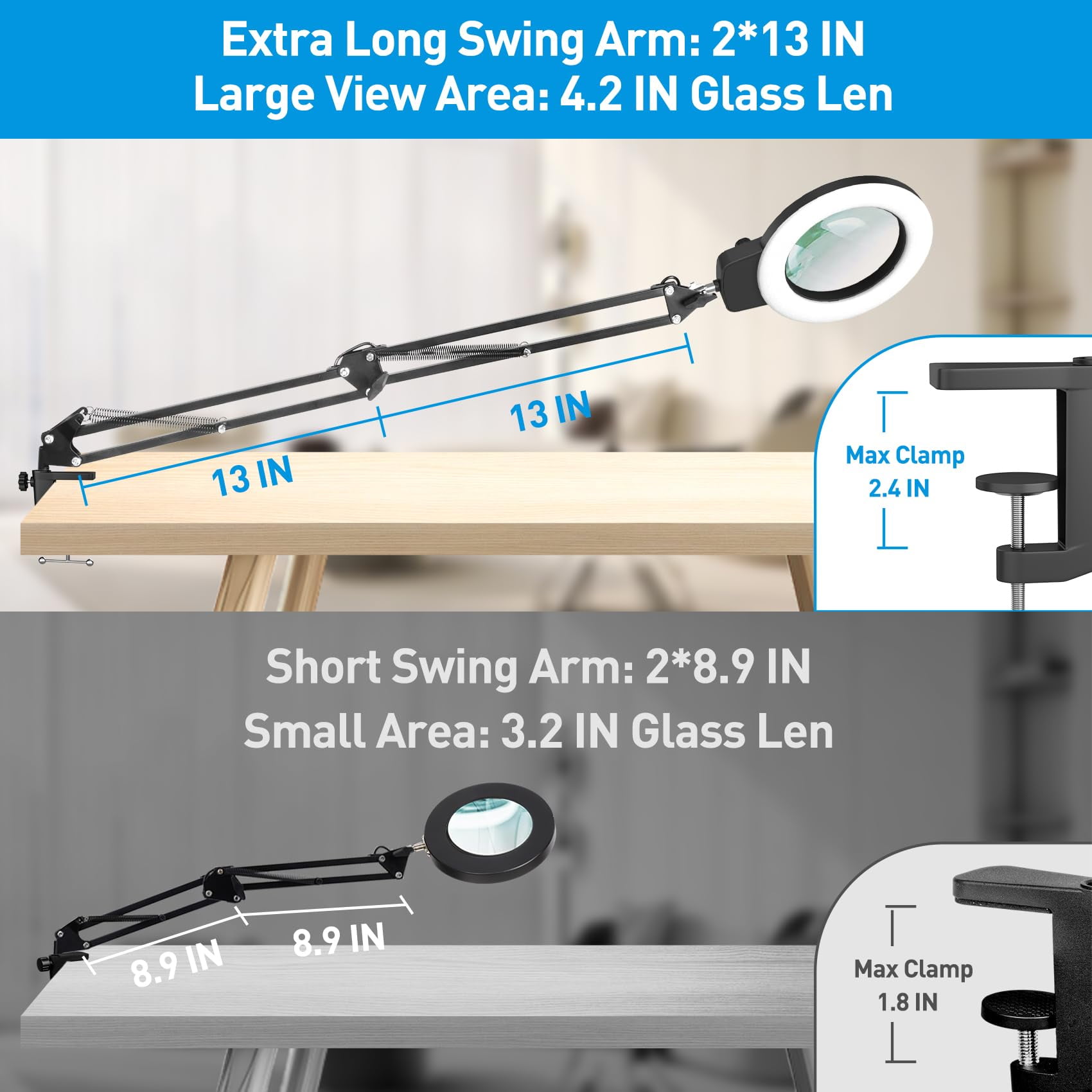 KIRKAS Magnifying Glass with Light, Long Swing Arm, Any Color Modes & Stepless Dimming LED Magnifying Lamp with Clamp, Memory Function Lighted Magnifier for Crafts, Reading, Hobby, Close Work