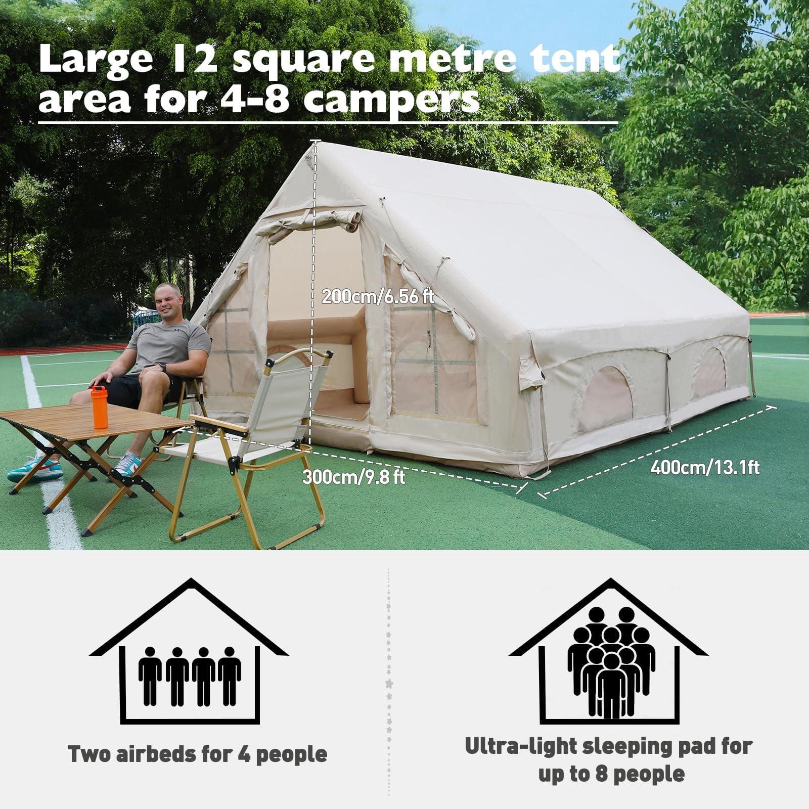 Vakiorn 12 Sq m Inflatable Air Tent 4-8 People Waterproof Oxford Fabric Instant Setup for Camping Outdoor Adventures