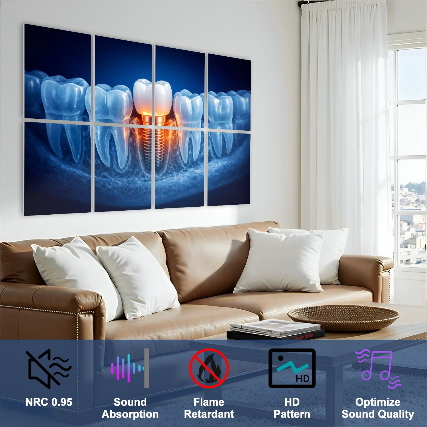 Medical 8 Pack Art Acoustic Panels Sound Absorbing Dental Implant Tooth Surgical Decorative Soundproof Wall Panels Self Adhesive for Classroom Hospital 48"x32"