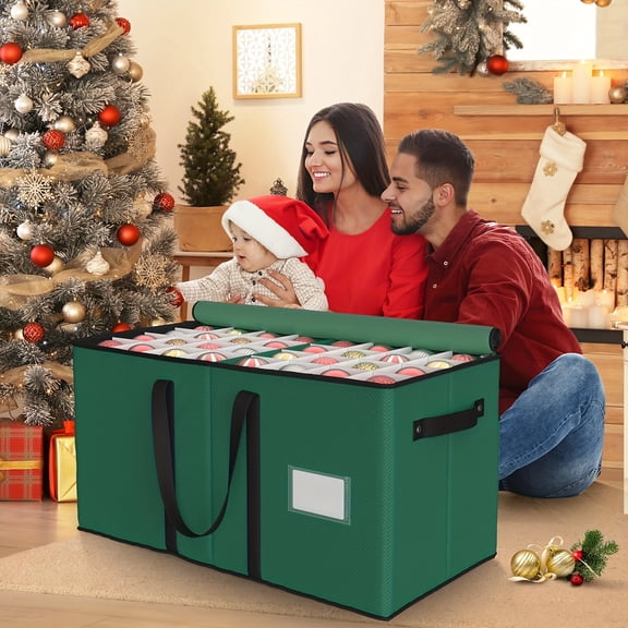 Christmas Ornament Organizer Box-Holds 128Decorations with Adjustable Dividers - Heavy-Duty Fabric, Secure Closure - Space-Saving for Tree, Wreaths, Garlands-Green Holiday Storage with Sturdy Handles