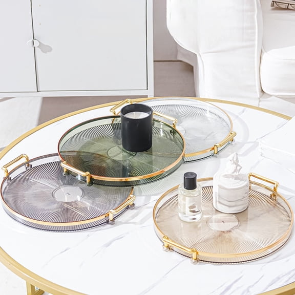 Round Plastic Serving Tray with Handles for Coffee Table and Tea Service