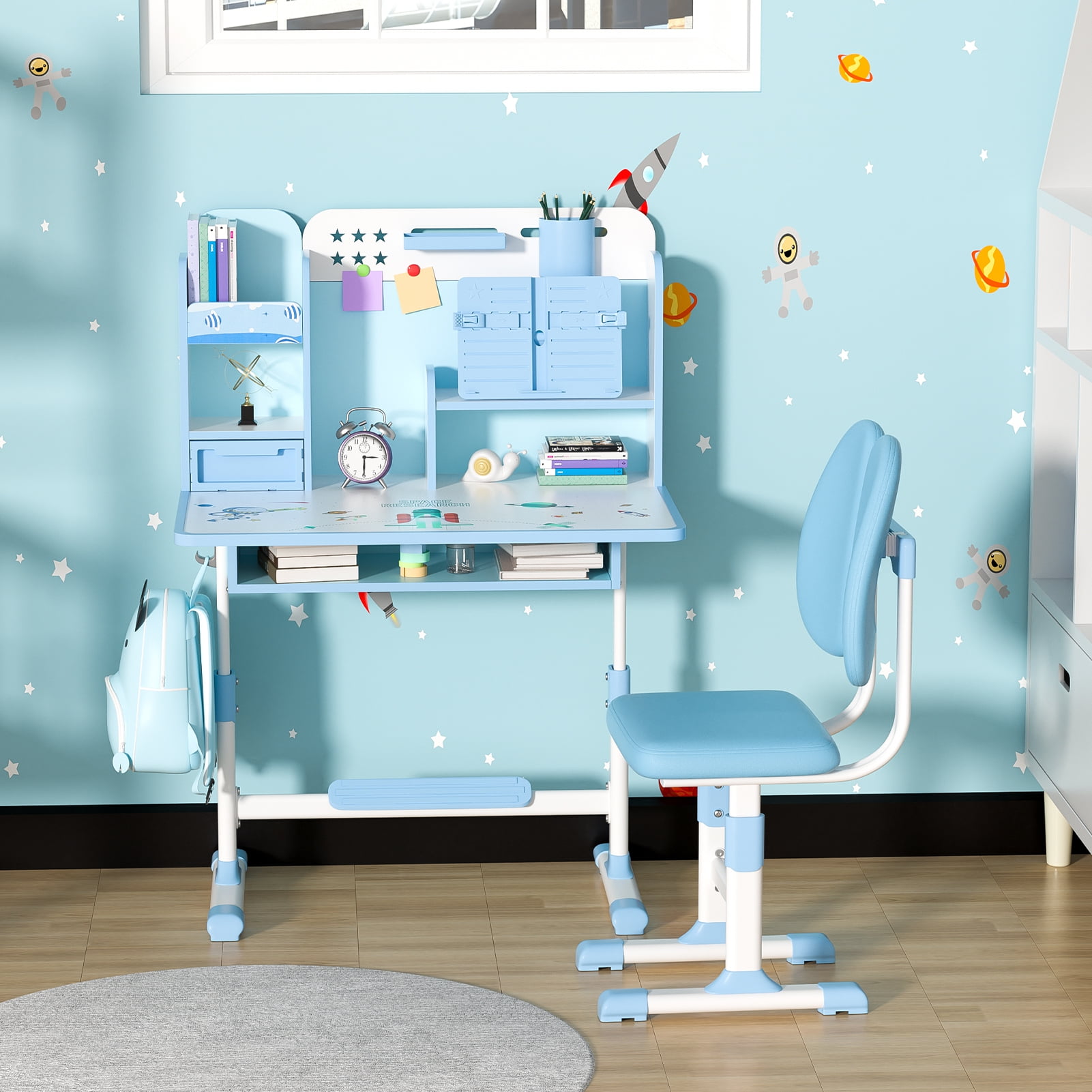 Aqyh Kids Desk and Chair Set, Height Adjustable Children School Study Table with Pen Holder, Reader, Drawer, Foot Pedal and Hook for Boys Girls (Blue)