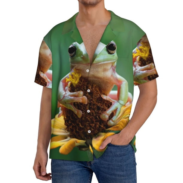 Balery Tree Frog Sitting On Sunflowes Camisa Casual de Manga Corta con Botones para Hombre, Texturizada, Estilo Cubano, para Playa, Verano-XX-Large