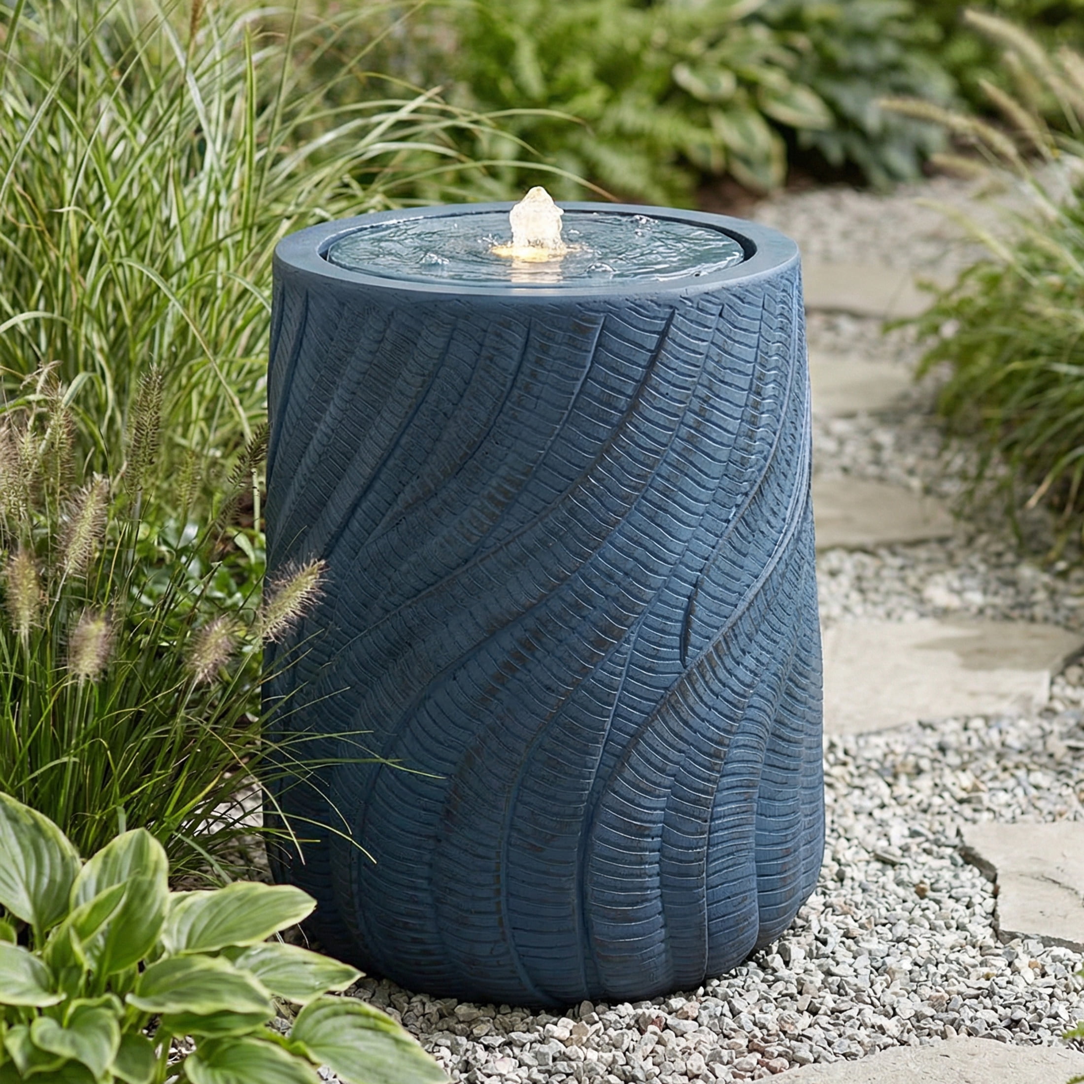 Sunnydaze Textured Spiral Blue Outdoor Bubble Fountain, LED Light
