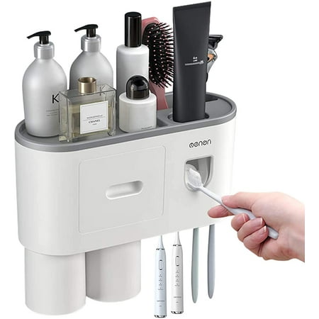 Toothpaste Dispenser with Cosmetic Drawer Organizer and Toothbrush Rack, Integrated with Automatic Toothbrush Holder, Space Saving with Magnetic Cup Design
