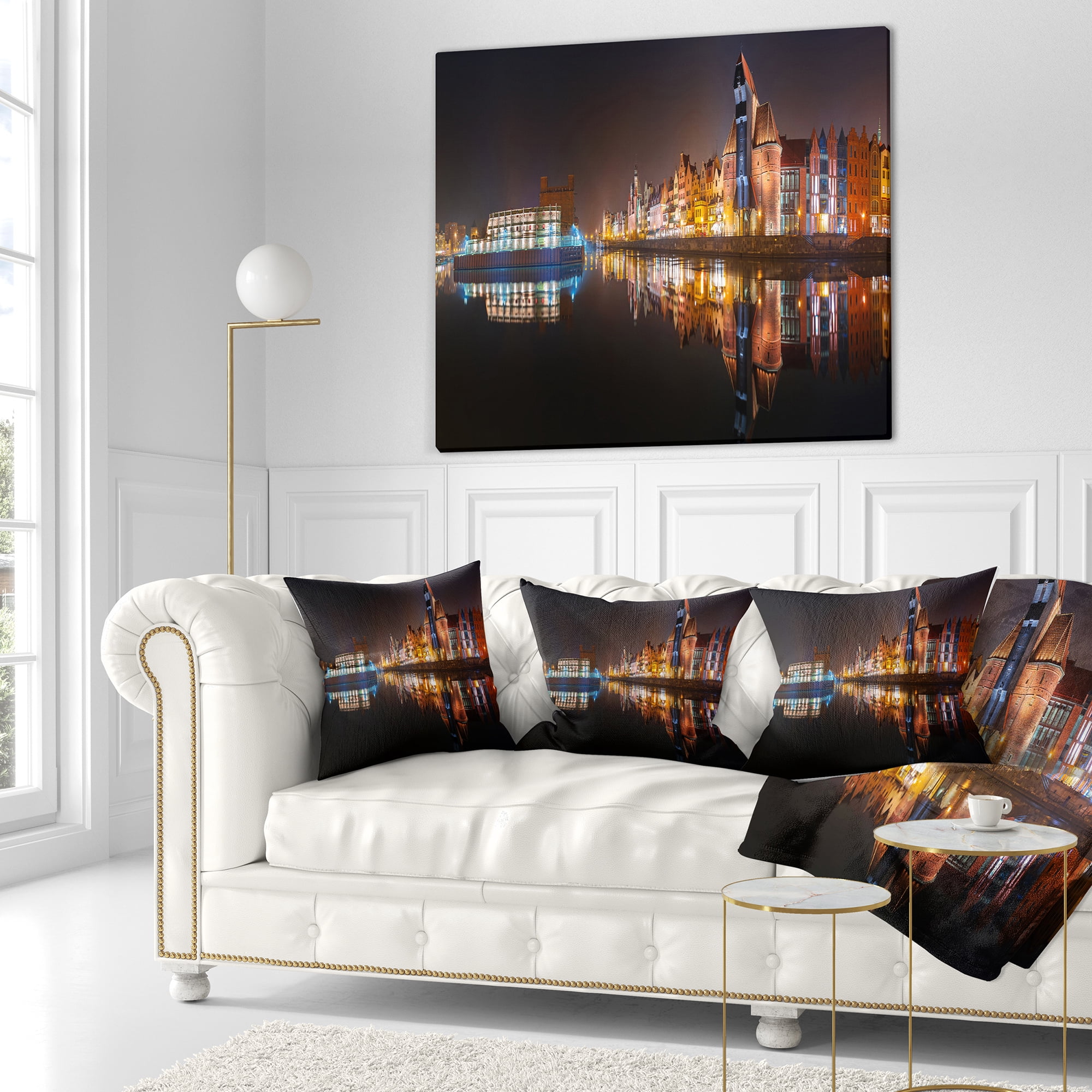 Designart Panorama of Gdansk Old Town - Landscape Photography Throw Pillow - 18x18
