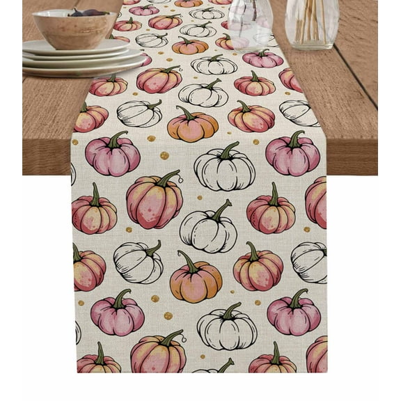 Fall Pink Pumpkins Burlap Cotton Table Runner 14x72 Inches Long, Thanksgiving Abstract Vintage Rustic Farmhouse Table Runners, Outdoor Dining Tablecloths Decor for Baby Shower/Party/Wedding