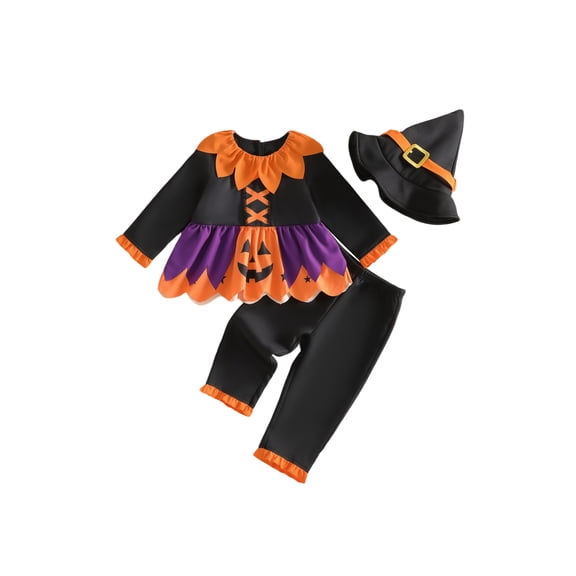 RUINIXCW Toddler Baby Girl Halloween Witches Costume Kids Pumpkin Costume Infant Girl Fall Cosplay Outfit Long Sleeve Collar Babydoll Shirt and Pants Hat Set