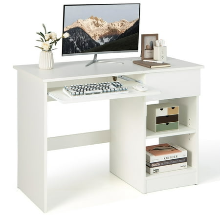 Costway Computer Desk Home Office Workstation Study Laptop Table w/Keyboard Tray Drawer - White